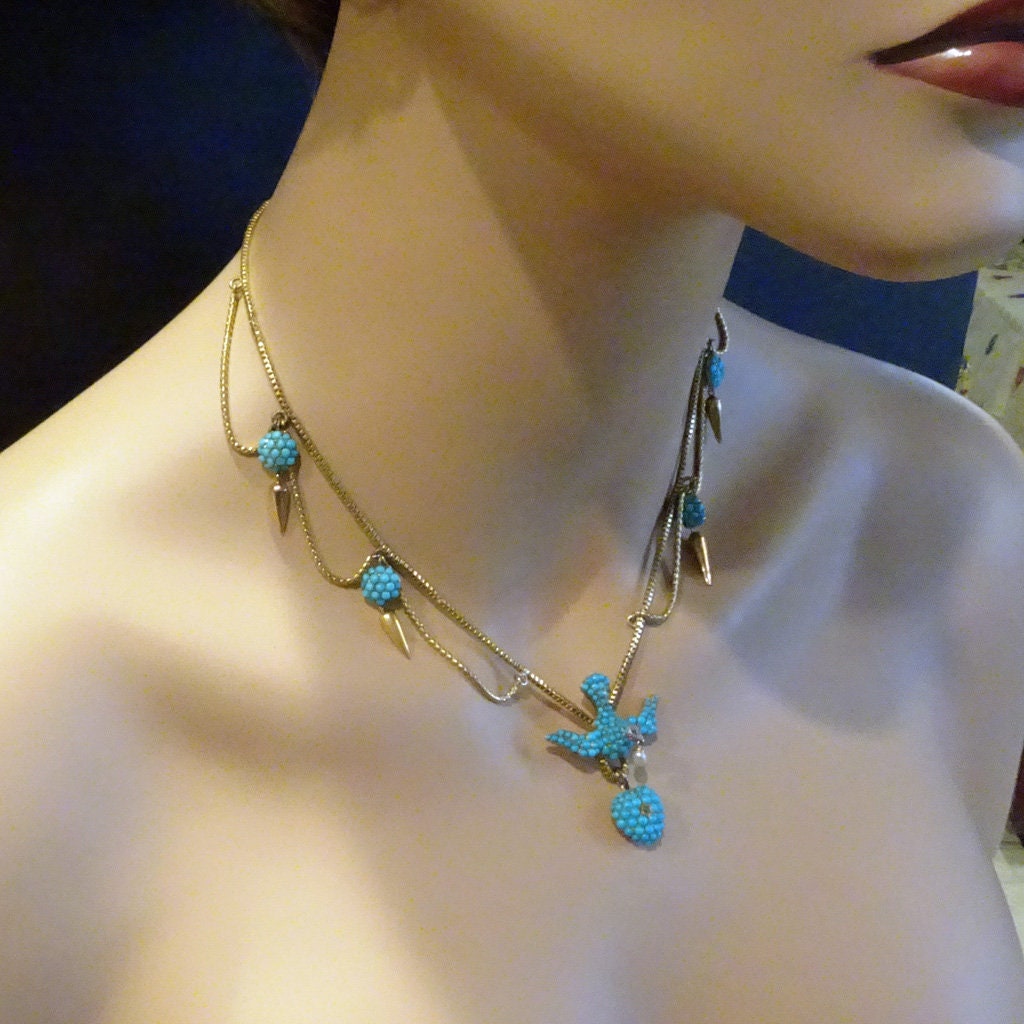 Antique Victorian Necklace Gold Turquoise Diamond Pearl Bird Heart Locket (6990)