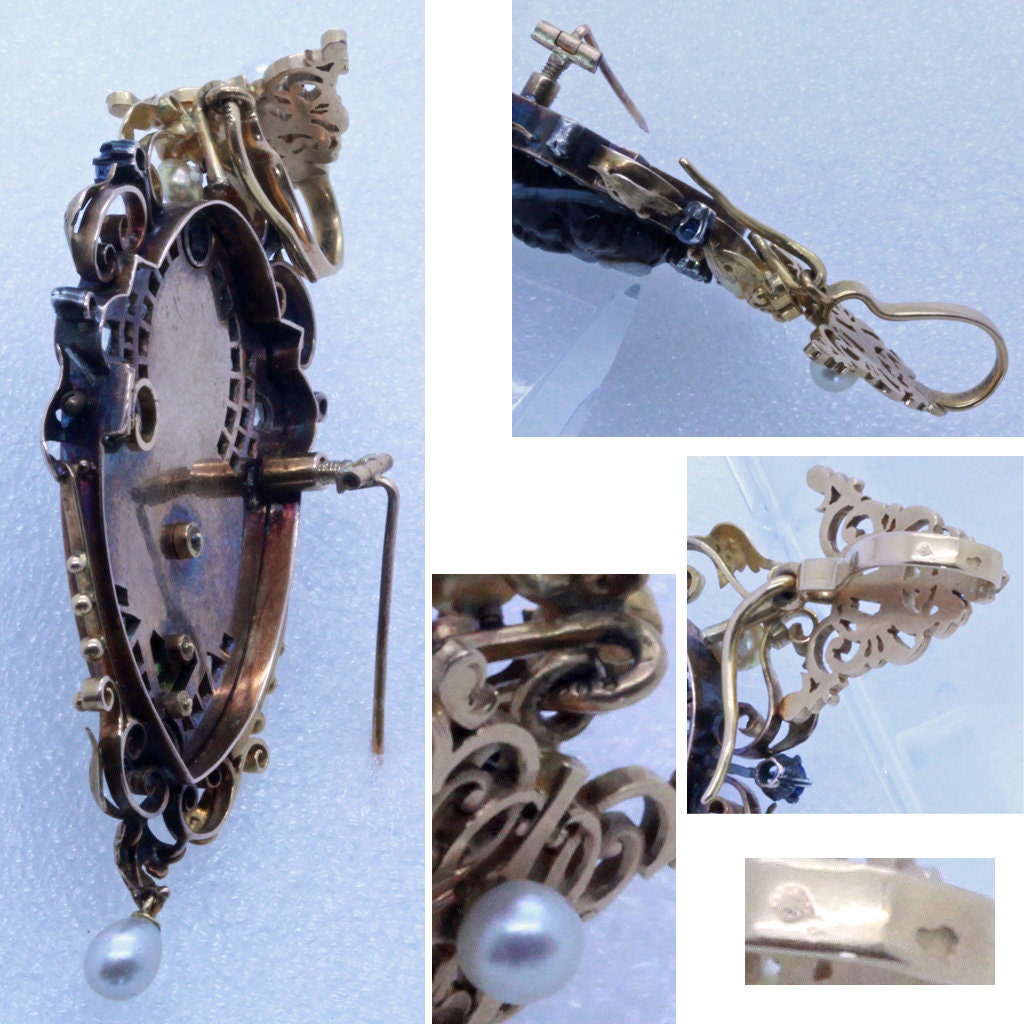 Antique Victorian Brooch Pendant Blackamoor Cameo Diamonds Sapphire Gold (6992)