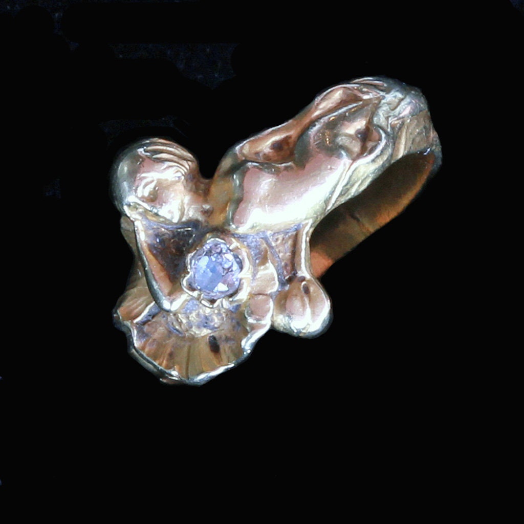 Antique Art Nouveau Ring Figural Reclining Woman 18k Gold Diamond French (6498)