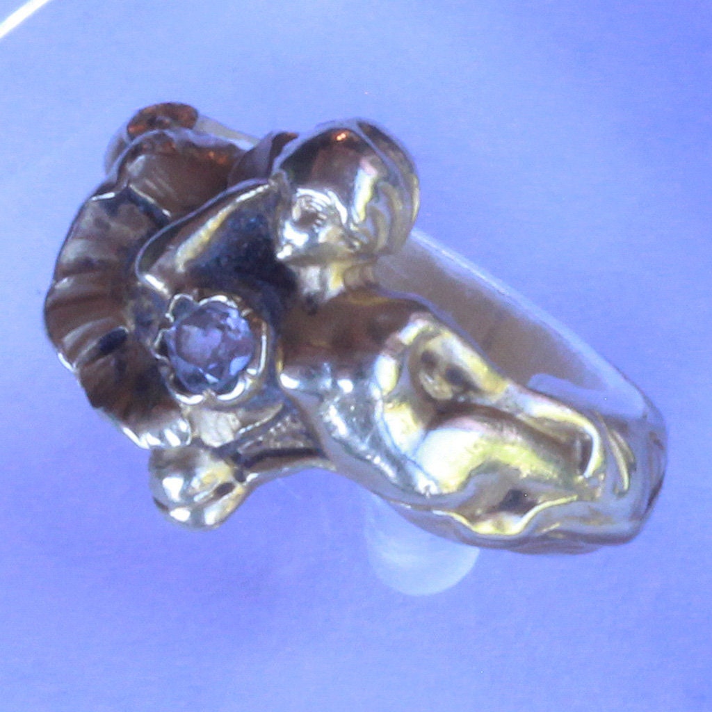Antique Art Nouveau Ring Figural Reclining Woman 18k Gold Diamond French (6498)