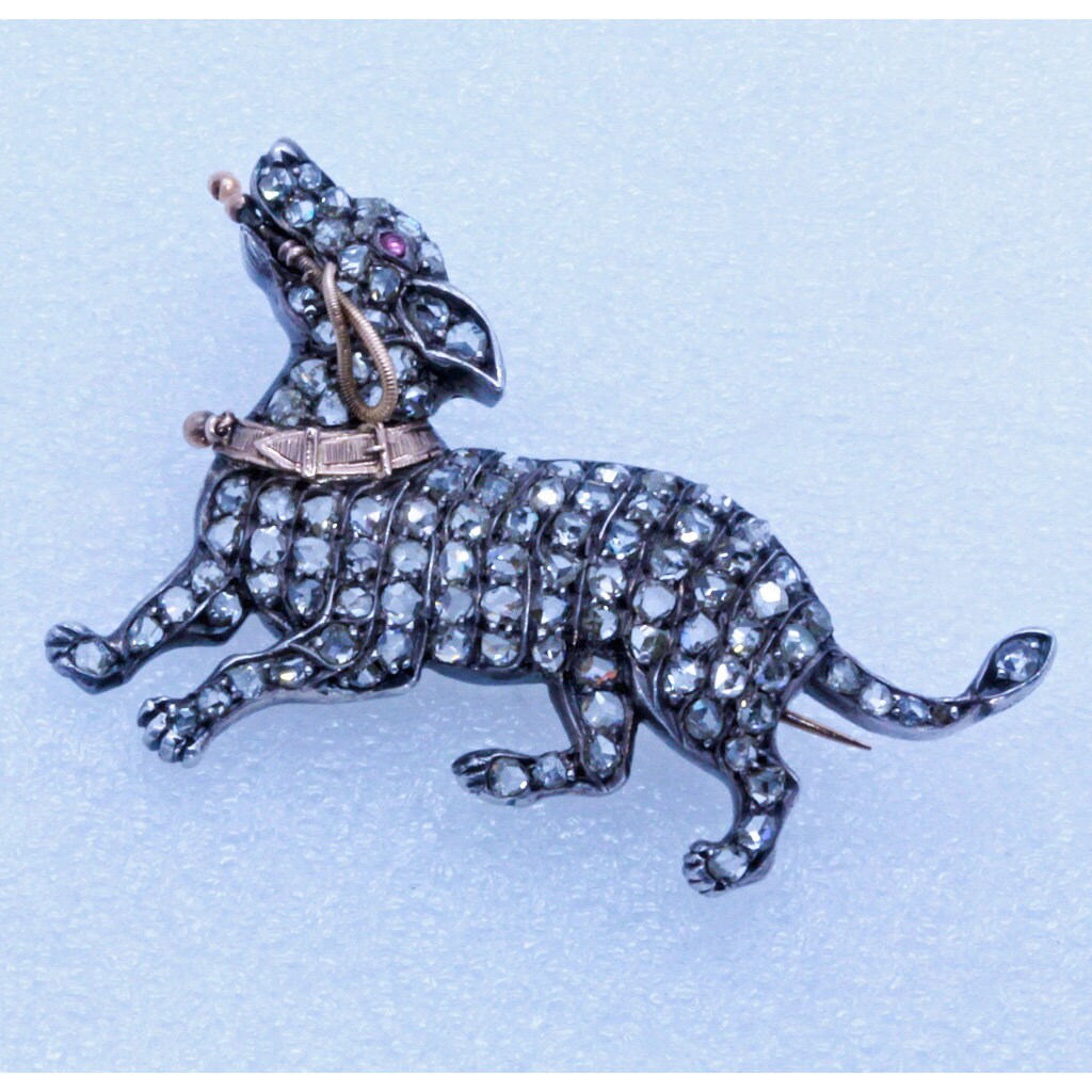 Antique French Dog Brooch Diamonds 18K Gold Silver Ruby Dog at Play (6996)