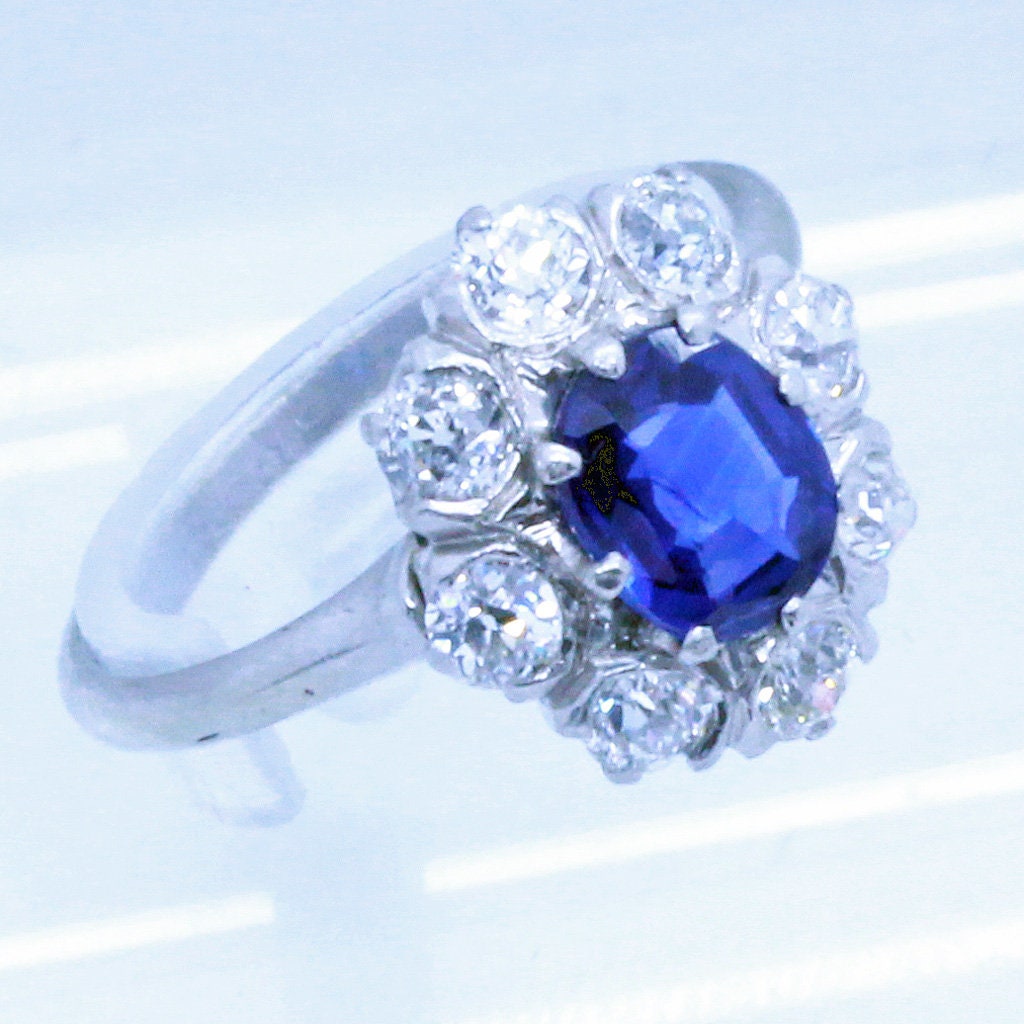 Vintage Ring Natural No Heat Sapphire Diamonds 14k Gold AGL certificate (6998)