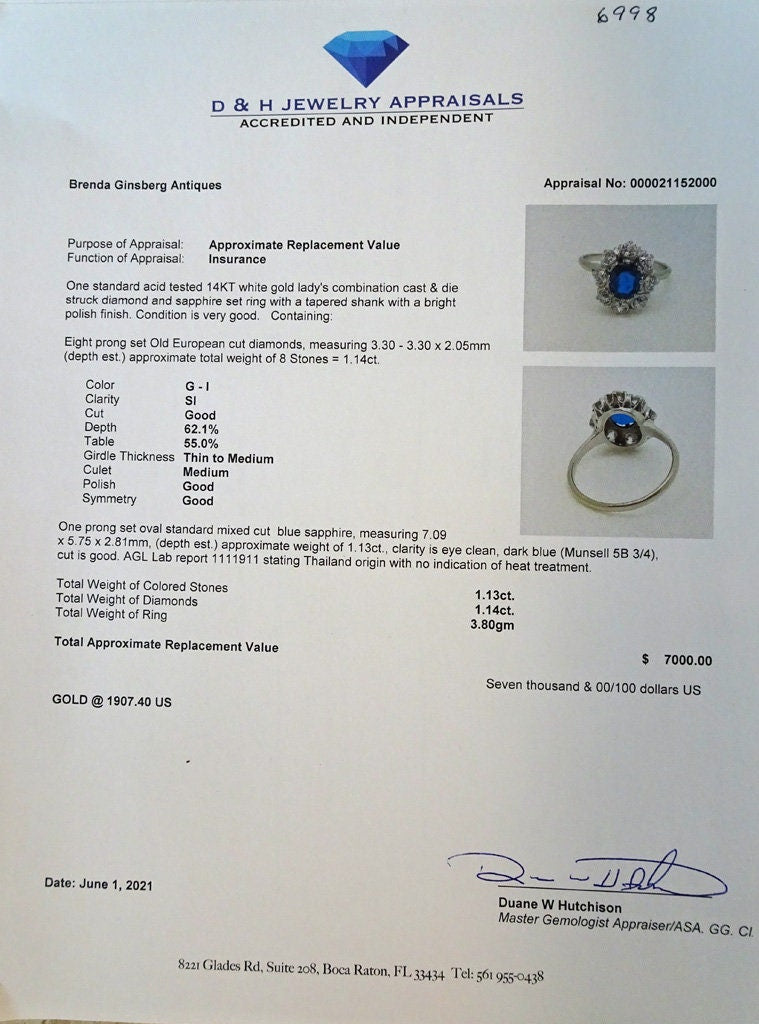 Vintage Ring Natural No Heat Sapphire Diamonds 14k Gold AGL certificate (6998)