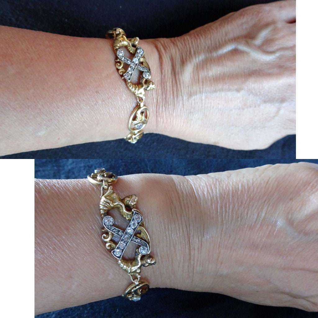 Antique Russian Nouveau Bracelet Gold Diamond Mermaid Dragon Faberge Worker(7002)