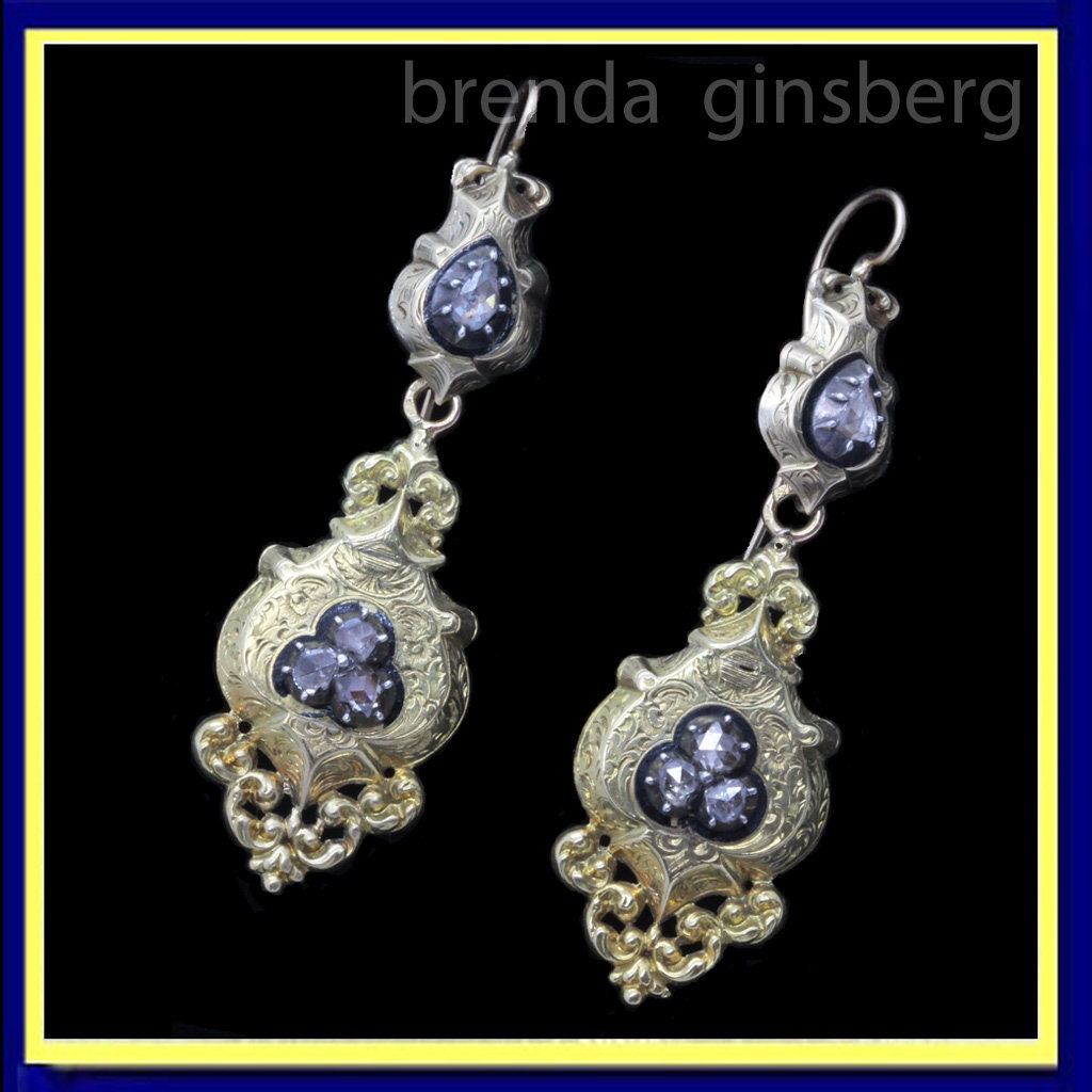 Antique Georgian French Earrings 18k Gold Diamonds Long Ear Pendants (7006)
