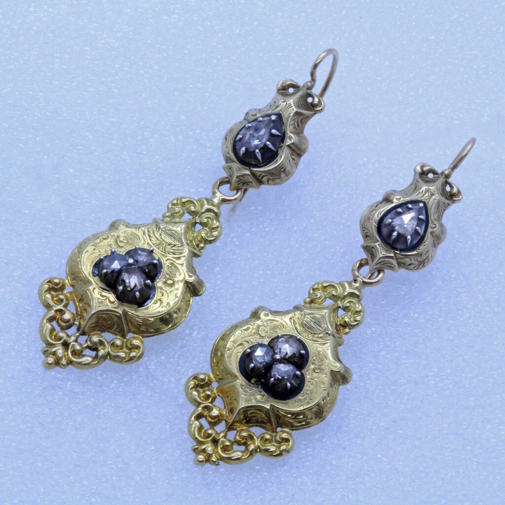 Antique Georgian French Earrings 18k Gold Diamonds Long Ear Pendants (7006)