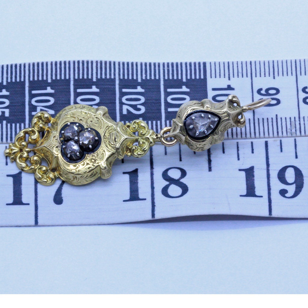 Antique Georgian French Earrings 18k Gold Diamonds Long Ear Pendants (7006)