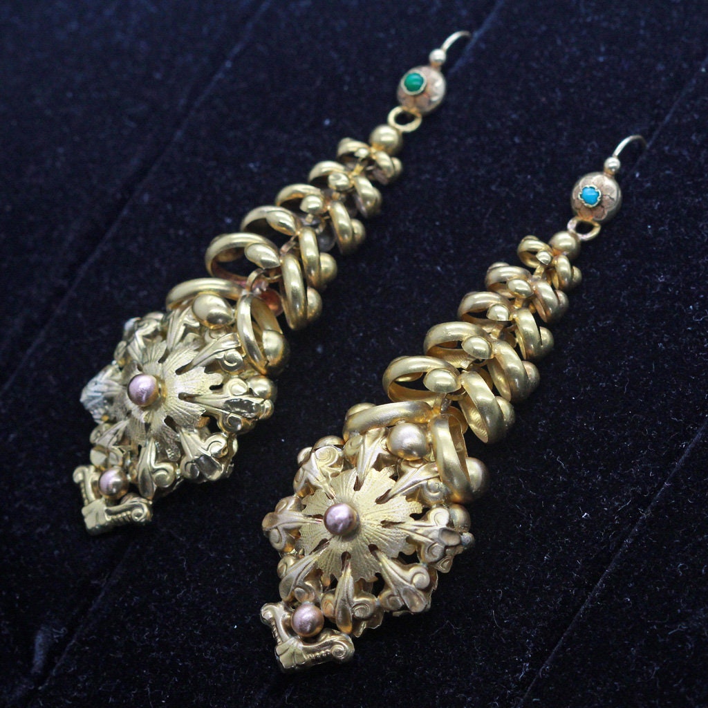 Antique French Earrings 18k Gold Turquoise very long Milanos Day Night (6951)