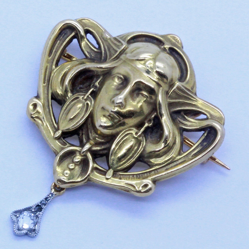 Antique Art Nouveau Brooch Pendant Gold Diamond sgnd Janvier, Nelly Kaplan(7011)