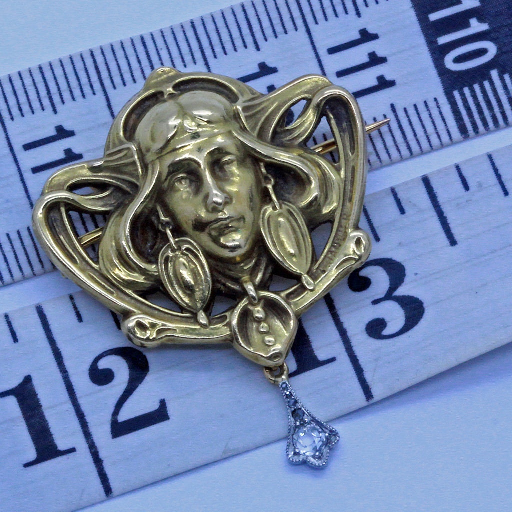 Antique Art Nouveau Brooch Pendant Gold Diamond sgnd Janvier, Nelly Kaplan(7011)