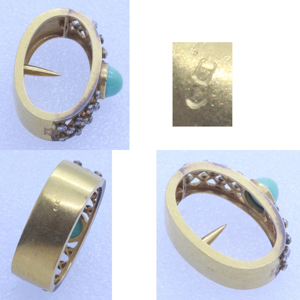 Antique Nouveau Scarf Ring Gold Platinum Turquoise Diamonds French Unisex (7015)