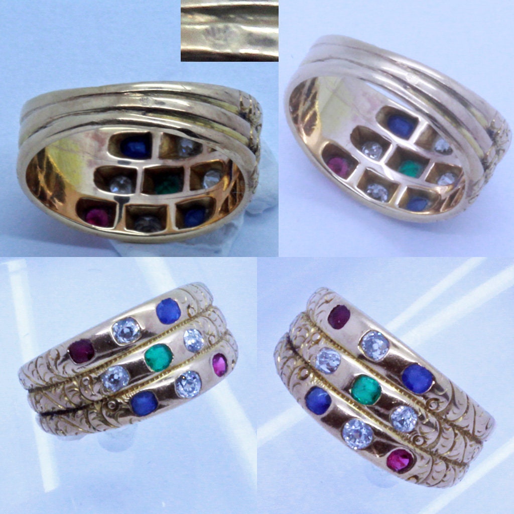 Antique Victorian Harem Ring 14k Gold Diamonds Rubies Sapphires Gems Unisex(7016)