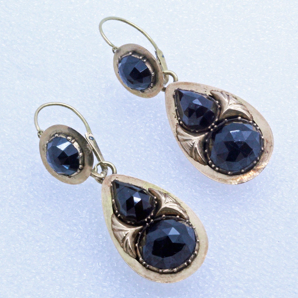 Antique Georgian Earrings Gold Garnets Day Night Drop Dangle Dutch (7020)