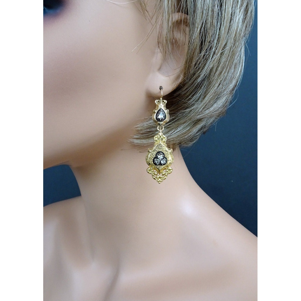 Antique Georgian French Earrings 18k Gold Diamonds Long Ear Pendants (7006)