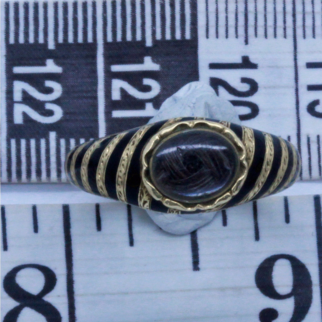 Antique Victorian Memorial Mourning Ring Gold Enamel Hair 1857 Unisex (7029)
