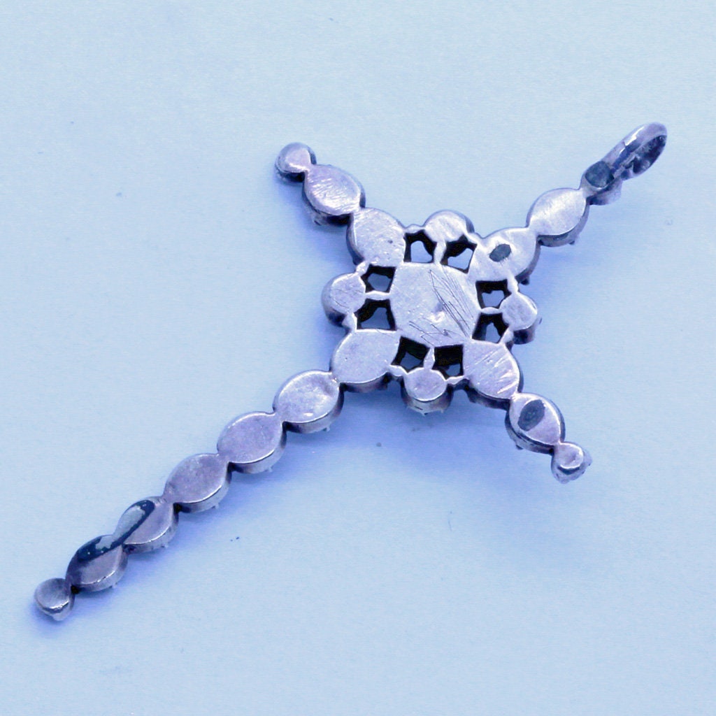 Antique Georgian Cross Pendant Silver Natural Zircons French 18C Unisex (7031)
