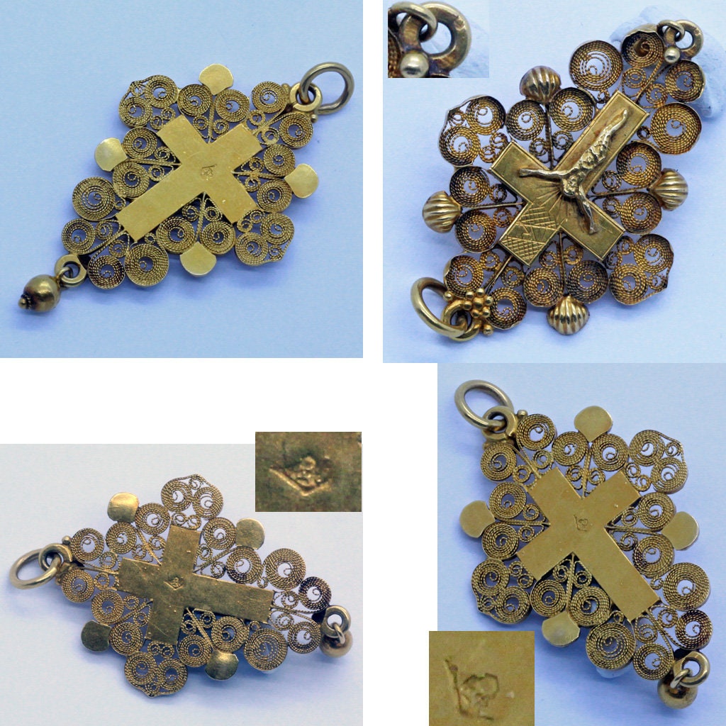 Antique Georgian 18k Filigre Gold Cross Crucifix Pendant French Unisex (7032)
