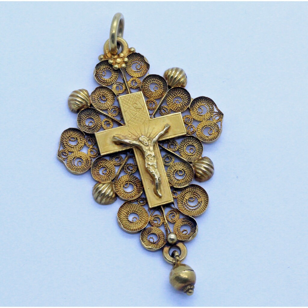 Antique Georgian 18k Filigre Gold Cross Crucifix Pendant French Unisex (7032)