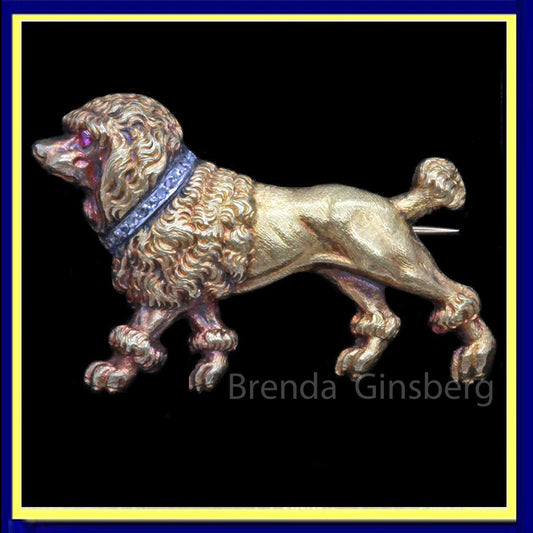 Antique Victorian Brooch 18k Gold Diamonds Ruby Unisex French Poodle Dog (7038)