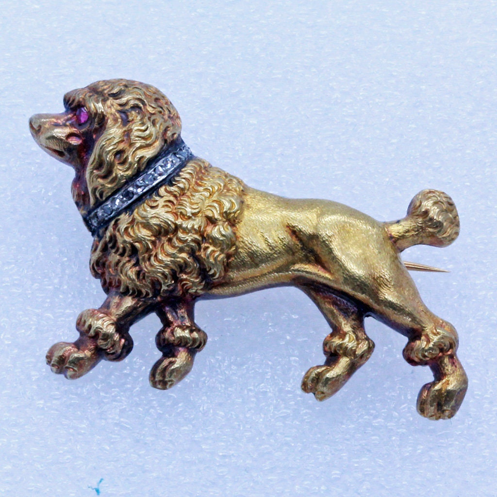 Antique Victorian Brooch 18k Gold Diamonds Ruby Unisex French Poodle Dog (7038)