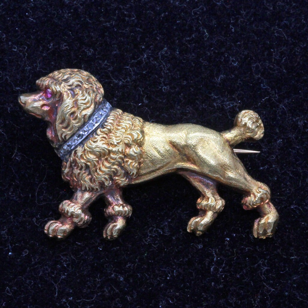 Antique Victorian Brooch 18k Gold Diamonds Ruby Unisex French Poodle Dog (7038)