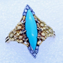 Antique Art Nouveau Ring 18k Gold Turquoise Diamonds Navette Eugene Barral (7051)