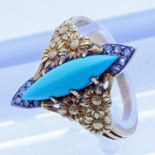 Antique Art Nouveau Ring 18k Gold Turquoise Diamonds Navette Eugene Barral (7051)