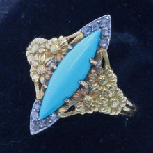 Antique Art Nouveau Ring 18k Gold Turquoise Diamonds Navette Eugene Barral (7051)