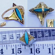 Antique Art Nouveau Ring 18k Gold Turquoise Diamonds Navette Eugene Barral (7051)