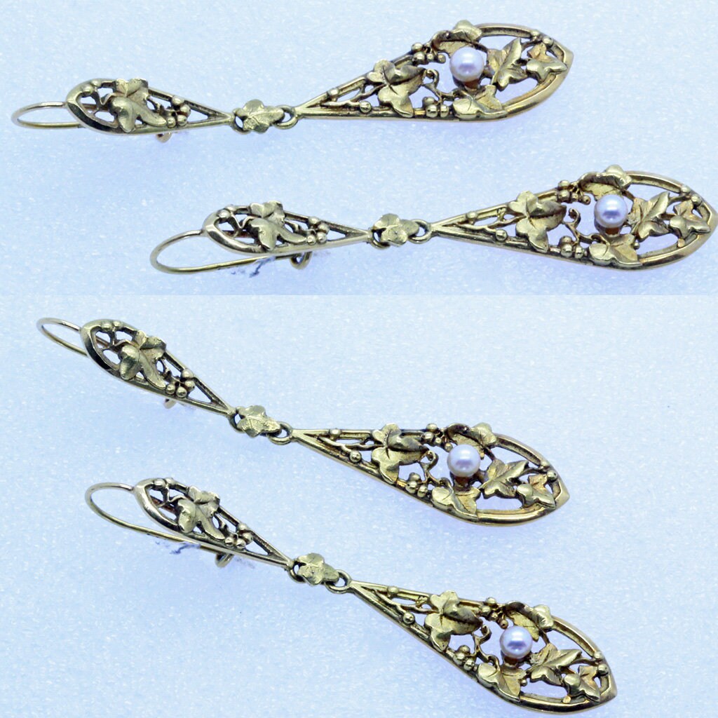 Antique Art Nouveau Earrings 18k Gold Pearl very Long French Ear Pendants (7014)