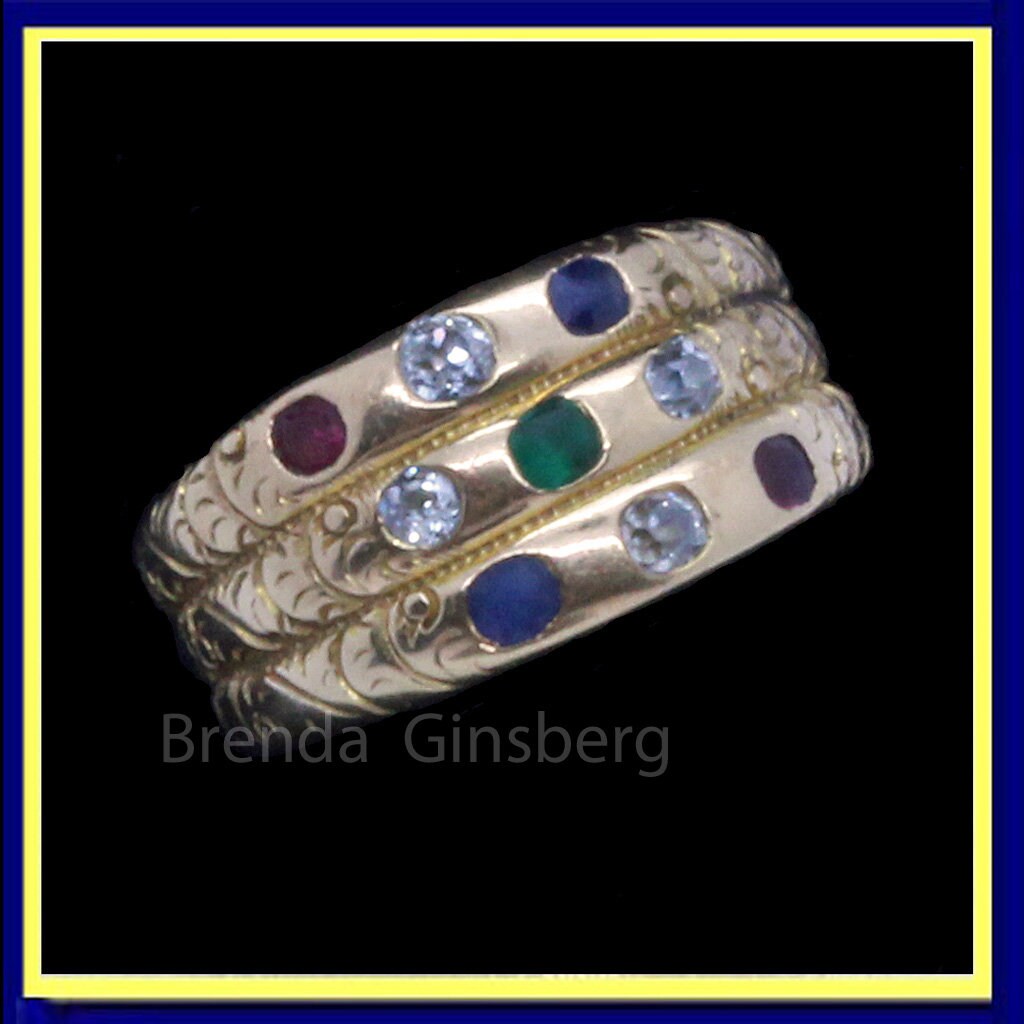 Antique Victorian Harem Ring 14k Gold Diamonds Rubies Sapphires Gems Unisex(7016)