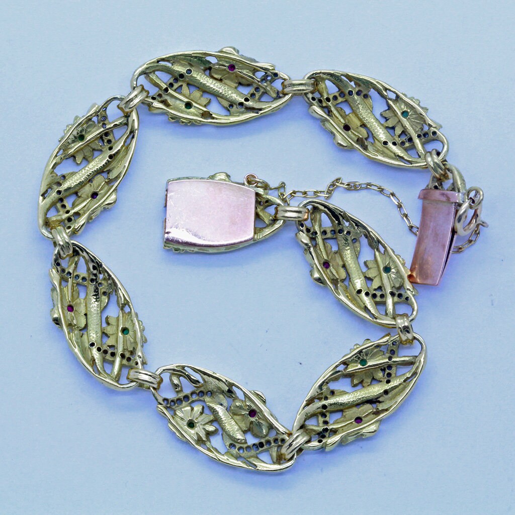 Antique French Nouveau Bracelet Bangle 18k Gold Diamonds Rubies Emeralds (7040)