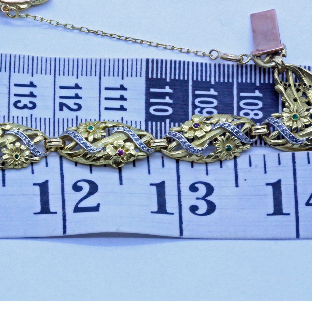 Antique French Nouveau Bracelet Bangle 18k Gold Diamonds Rubies Emeralds (7040)