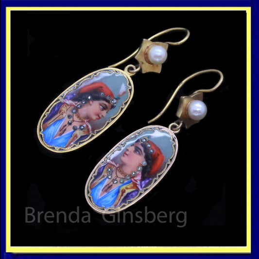 Antique Victorian Earrings French 18k Gold Diamonds Pearls Enamel Portrait (7041)
