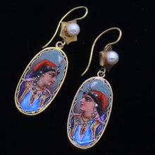 Antique Victorian Earrings French 18k Gold Diamonds Pearls Enamel Portrait (7041)