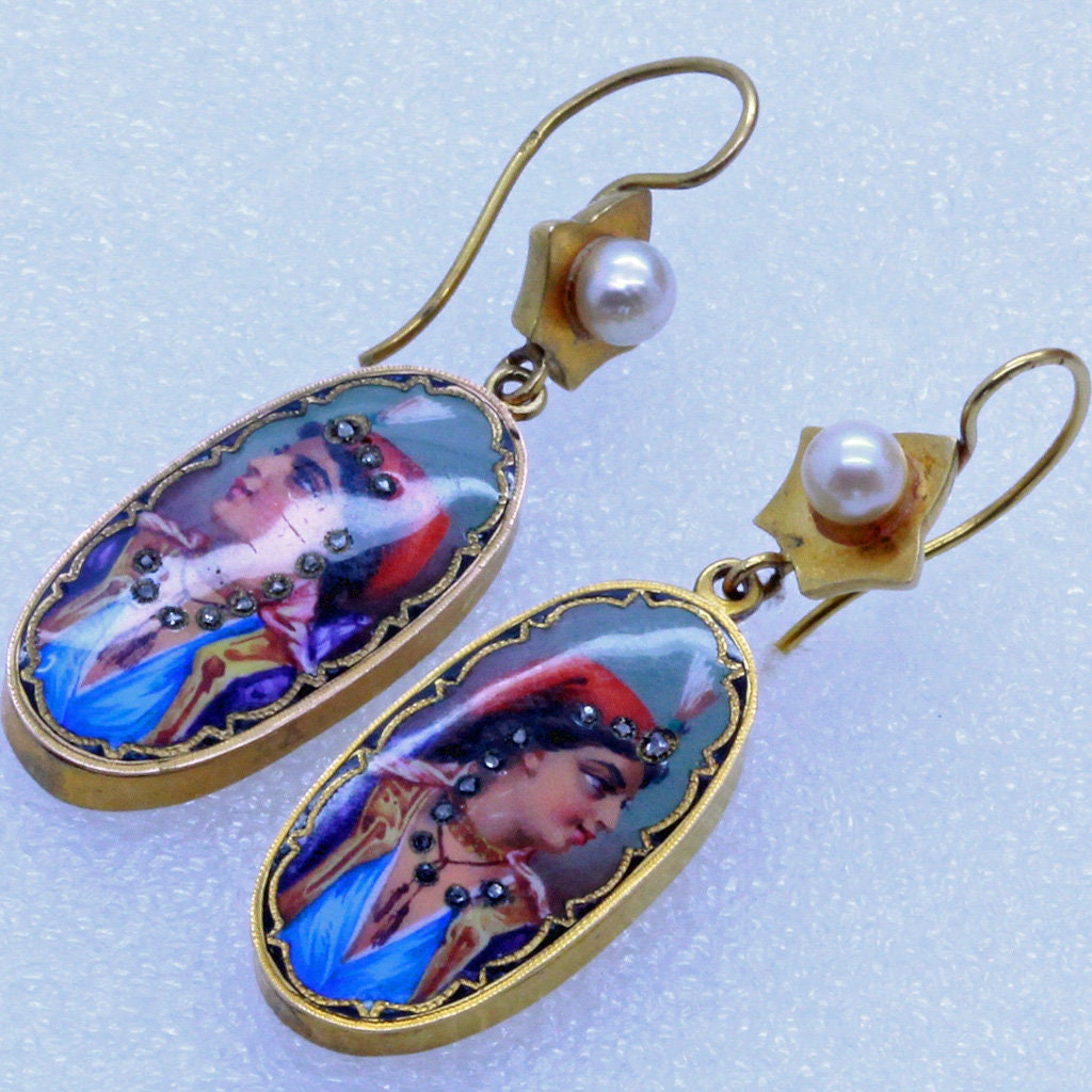 Antique Victorian Earrings French 18k Gold Diamonds Pearls Enamel Portrait (7041)
