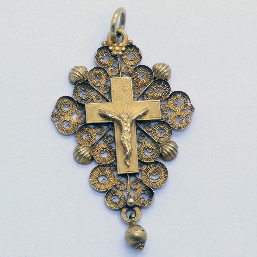 Antique Georgian 18k Filigre Gold Cross Crucifix Pendant French Unisex (7032)