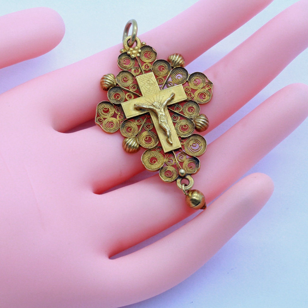 Antique Georgian 18k Filigre Gold Cross Crucifix Pendant French Unisex (7032)