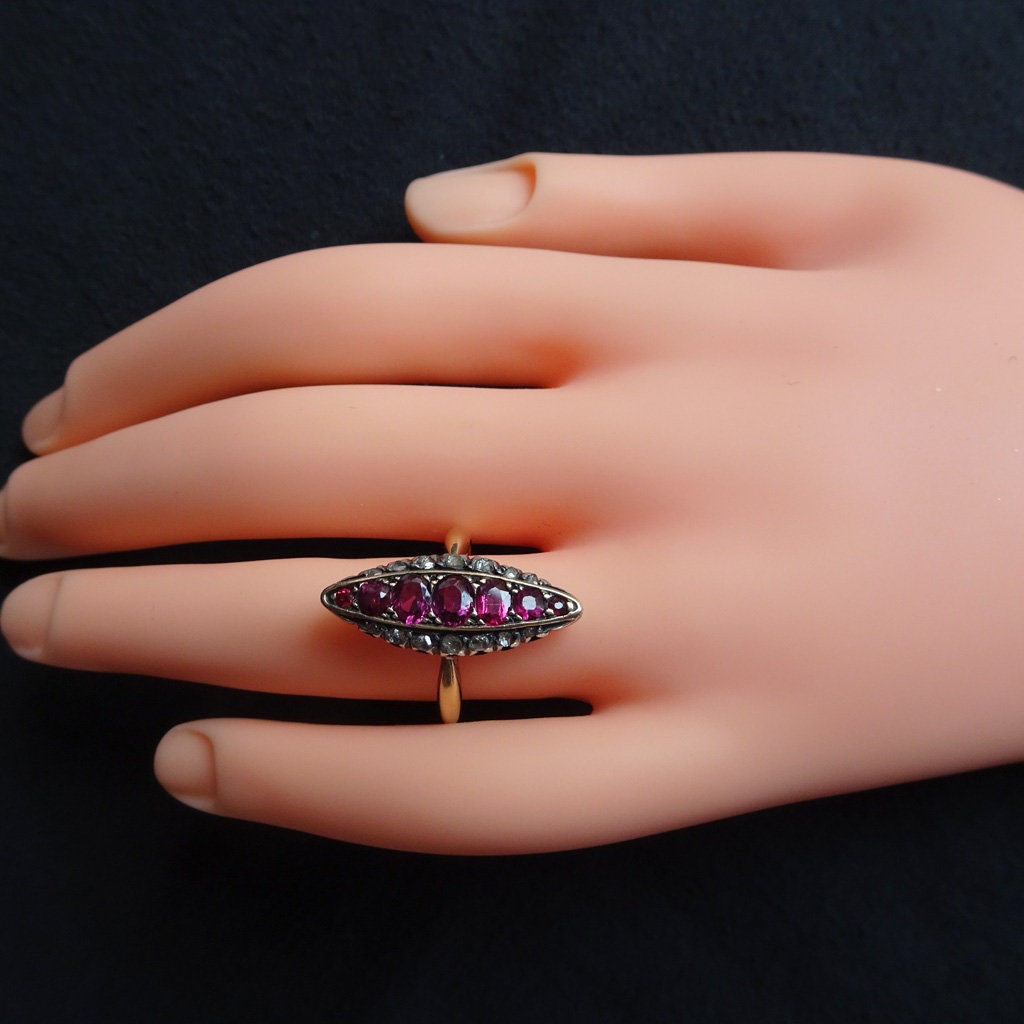 Antique Victorian French Navette Ring 18k Gold Rose Diamonds Rubies Silver(7007)