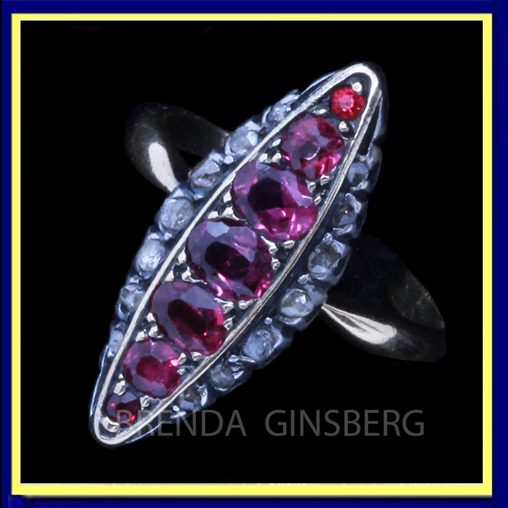 Antique Victorian French Navette Ring 18k Gold Rose Diamonds Rubies Silver(7007)