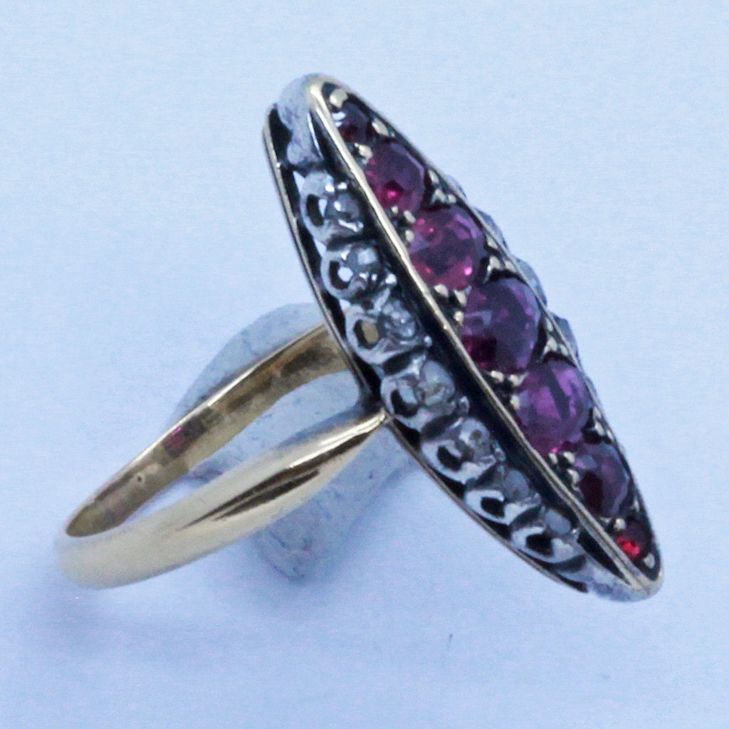 Antique Victorian French Navette Ring 18k Gold Rose Diamonds Rubies Silver(7007)