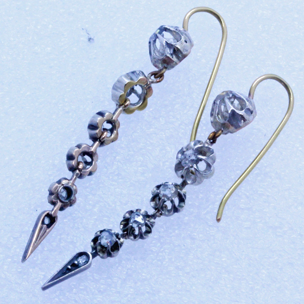 Antique Edwardian Earrings Diamond Dangles Silver Gold French c1910-20 (7019)