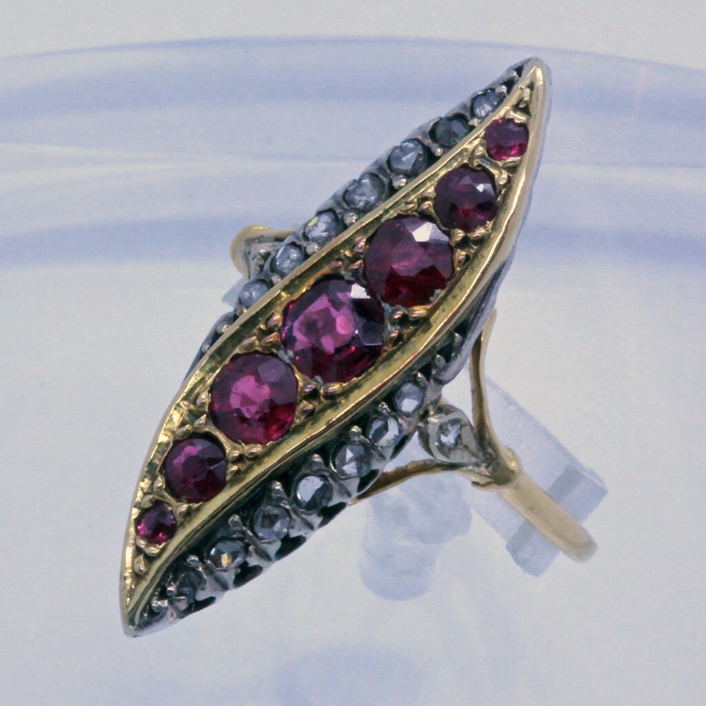 Antique Victorian Ring Rubies Diamonds 18k Gold Silver French Napoleon III(7034)