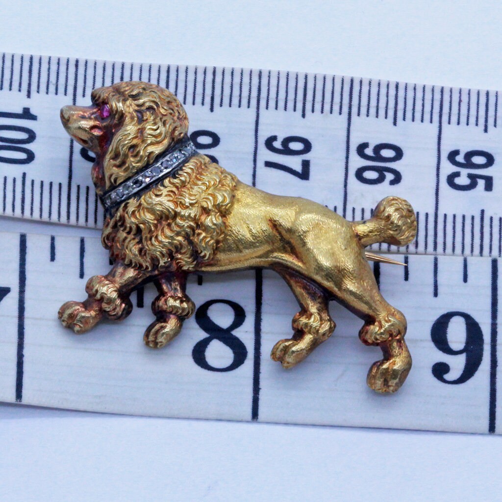 Antique Victorian Brooch 18k Gold Diamonds Ruby Unisex French Poodle Dog (7038)