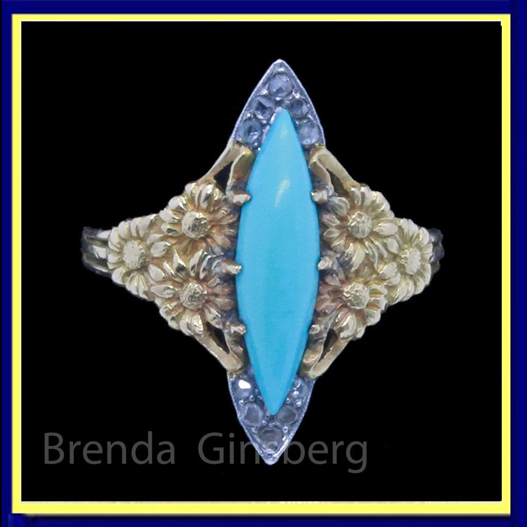 Antique Art Nouveau Ring 18k Gold Turquoise Diamonds Navette Eugene Barral (7051)