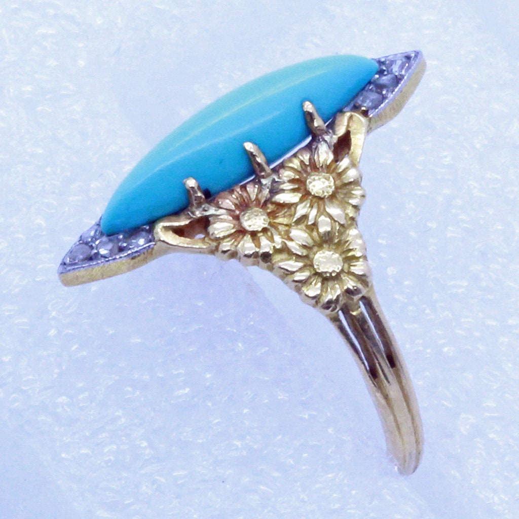 Antique Art Nouveau Ring 18k Gold Turquoise Diamonds Navette Eugene Barral (7051)