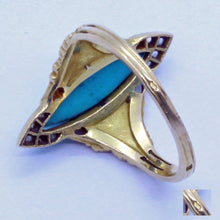 Antique Art Nouveau Ring 18k Gold Turquoise Diamonds Navette Eugene Barral (7051)