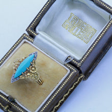 Antique Art Nouveau Ring 18k Gold Turquoise Diamonds Navette Eugene Barral (7051)