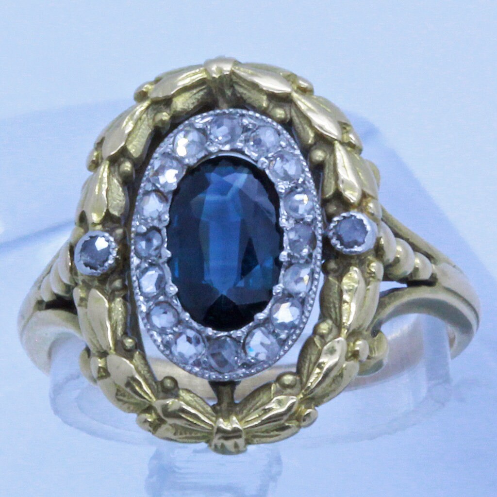 Antique Victorian Ring Sapphire Diamonds 18k Gold Napoleon III French (7042)