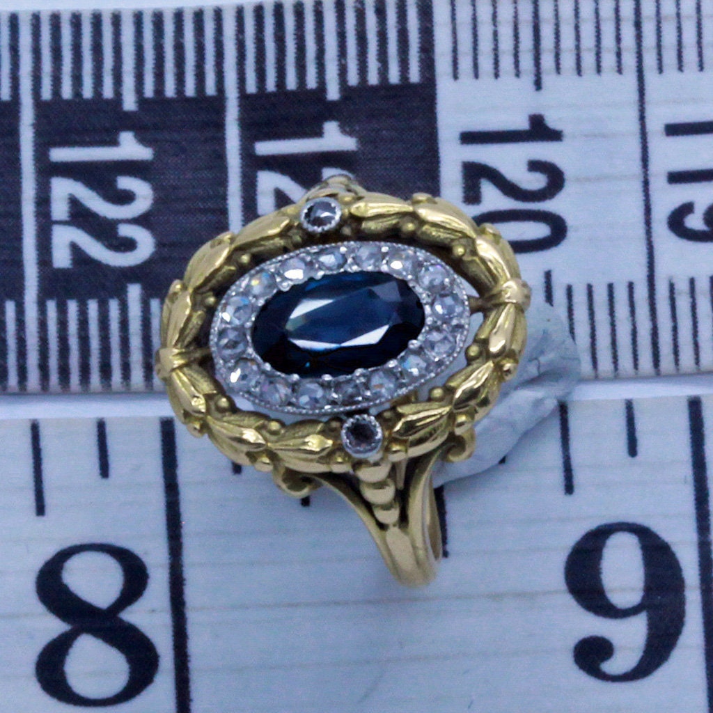 Antique Victorian Ring Sapphire Diamonds 18k Gold Napoleon III French (7042)